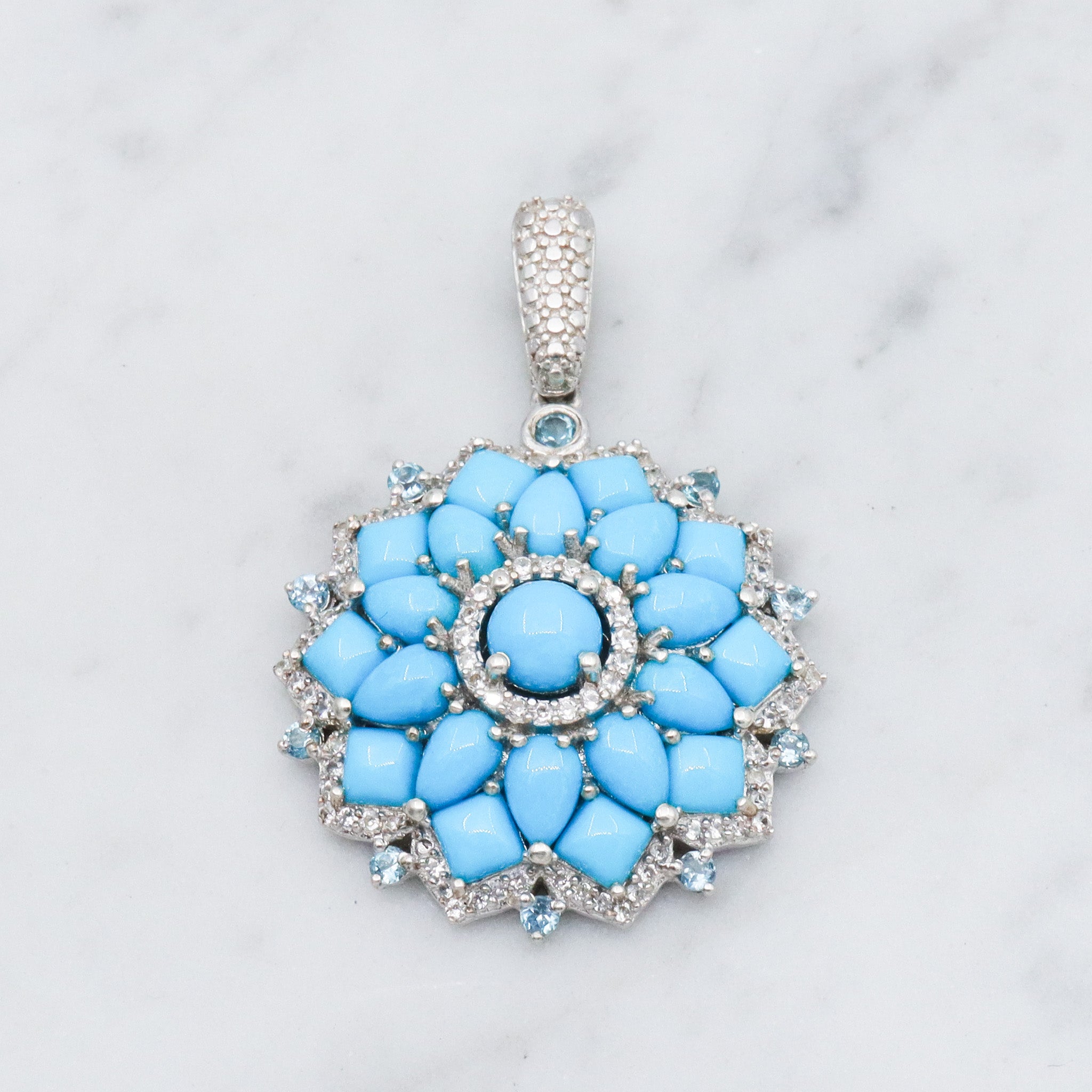Vintage sterling silver turquoise, blue topaz, & zircon mandala pendant